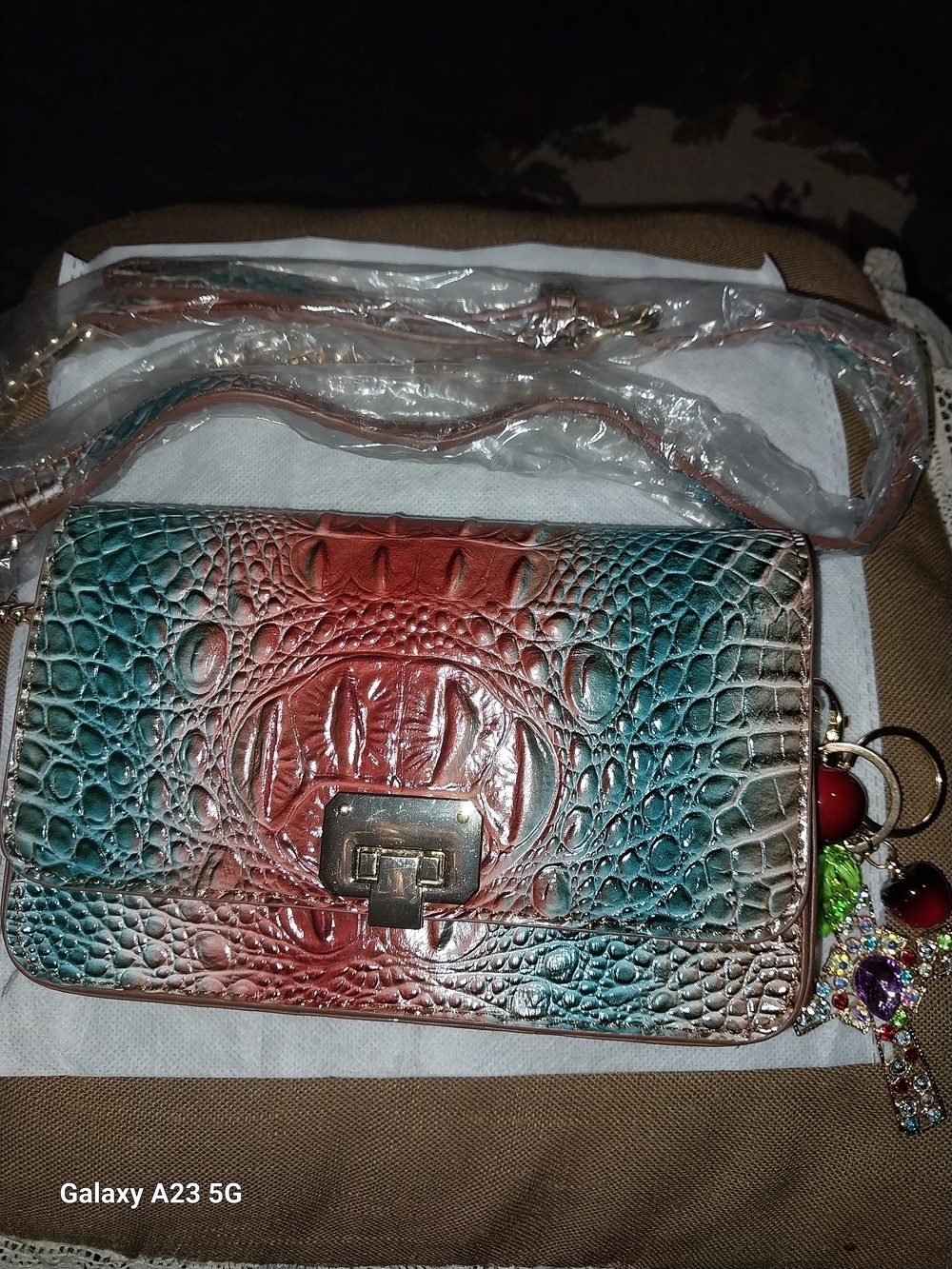 Makcr Joacbv Teal and Rust Faux-Croc Crossbody/Clutch Bag Gold NWT Dust Bag